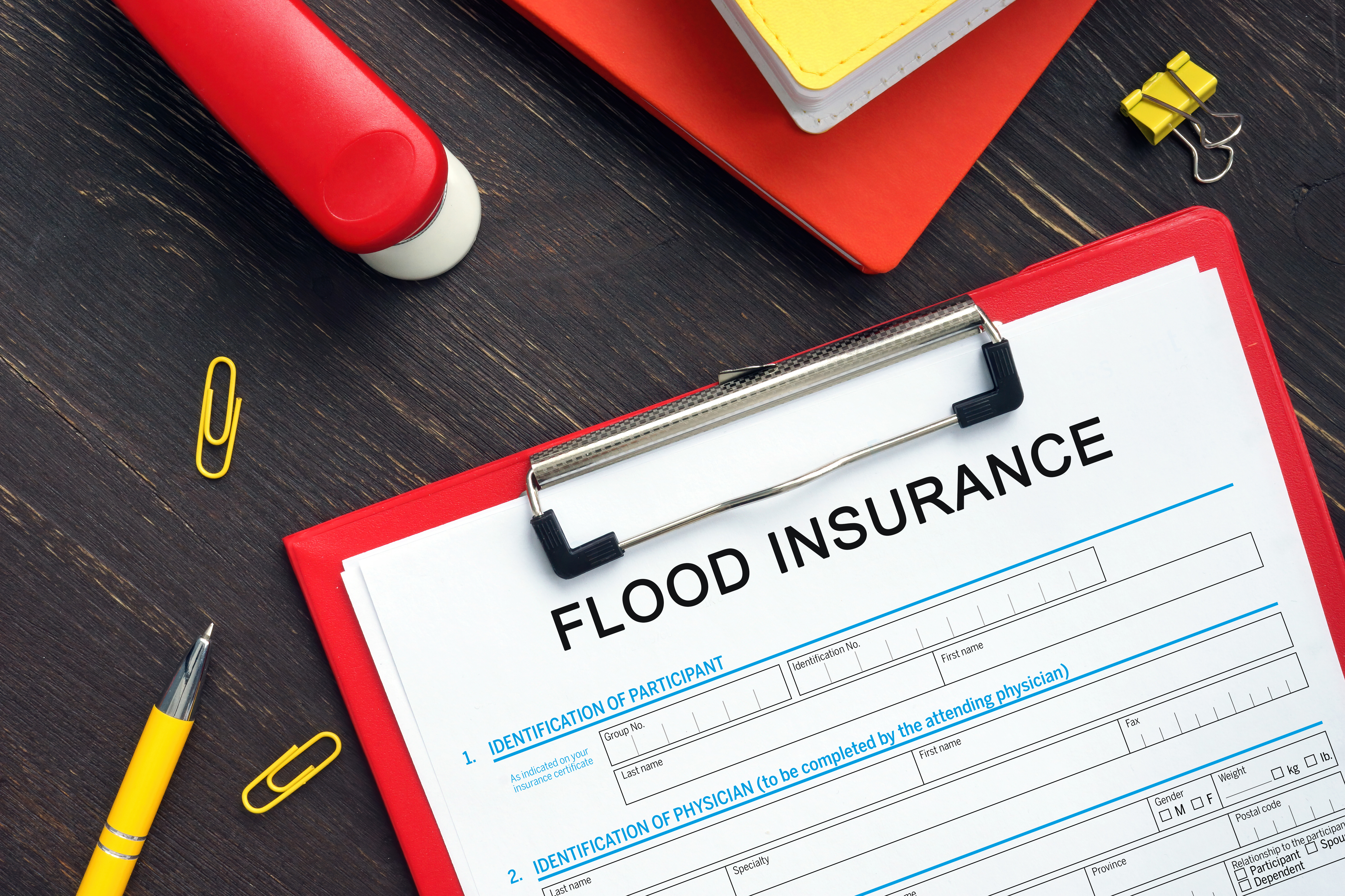 paperwork that says flood insurance, red color